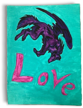 Artwork drawing of a wolf flying with text love