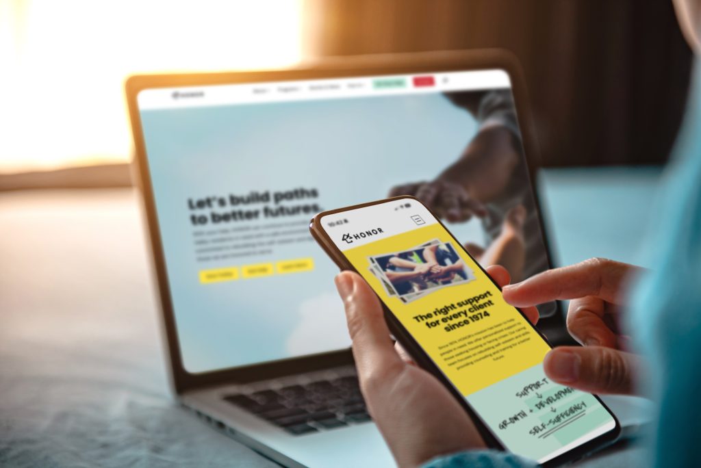 Online news on a smartphone. Mockup website. Woman reading news