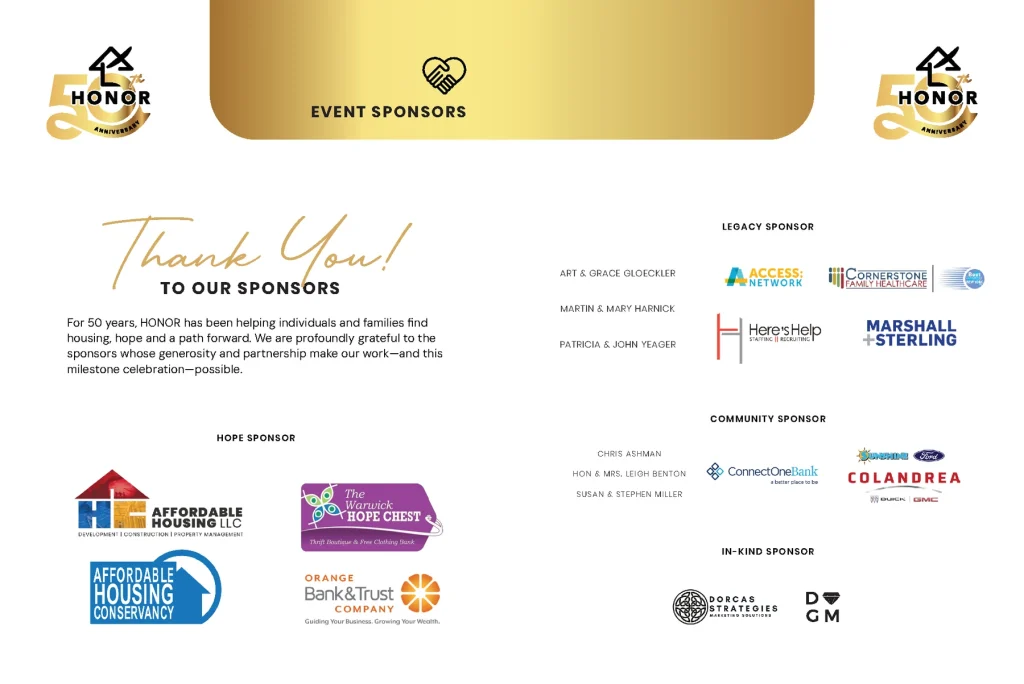 Thank you to our sponsors: the event sponsors of An Evening of HONOR & Hope, from the program book